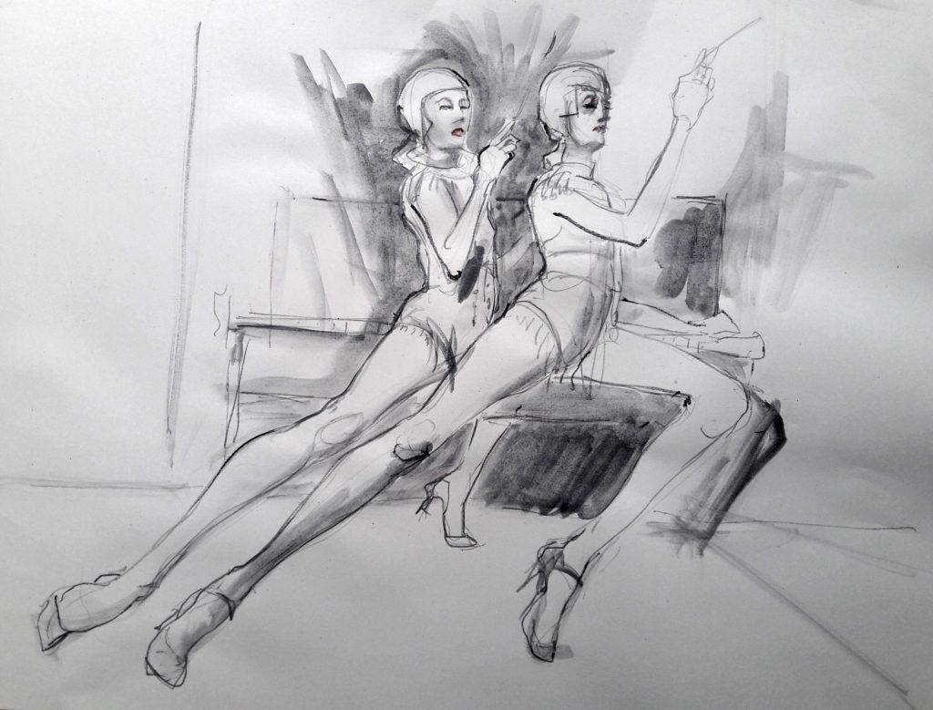 Online session at Drawing Cabaret Couture. 20-minute pose (Models: J'Adore La Vie – Ami Benton and Janet Mayer)