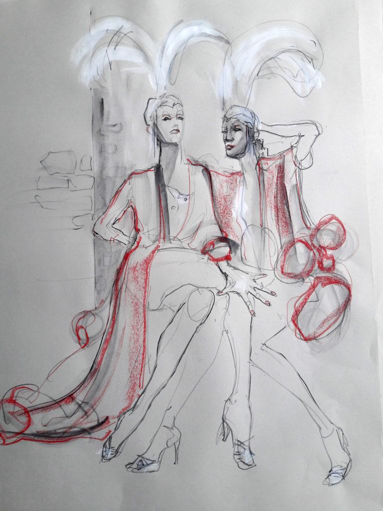 Online session at Drawing Cabaret Couture. 10-minute pose (Models: J'Adore La Vie – Ami Benton and Janet Mayer)