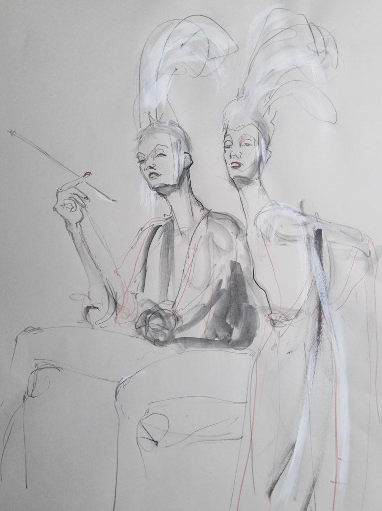 Online session at Drawing Cabaret Couture. 10-minute pose (Models: J'Adore La Vie – Ami Benton and Janet Mayer)