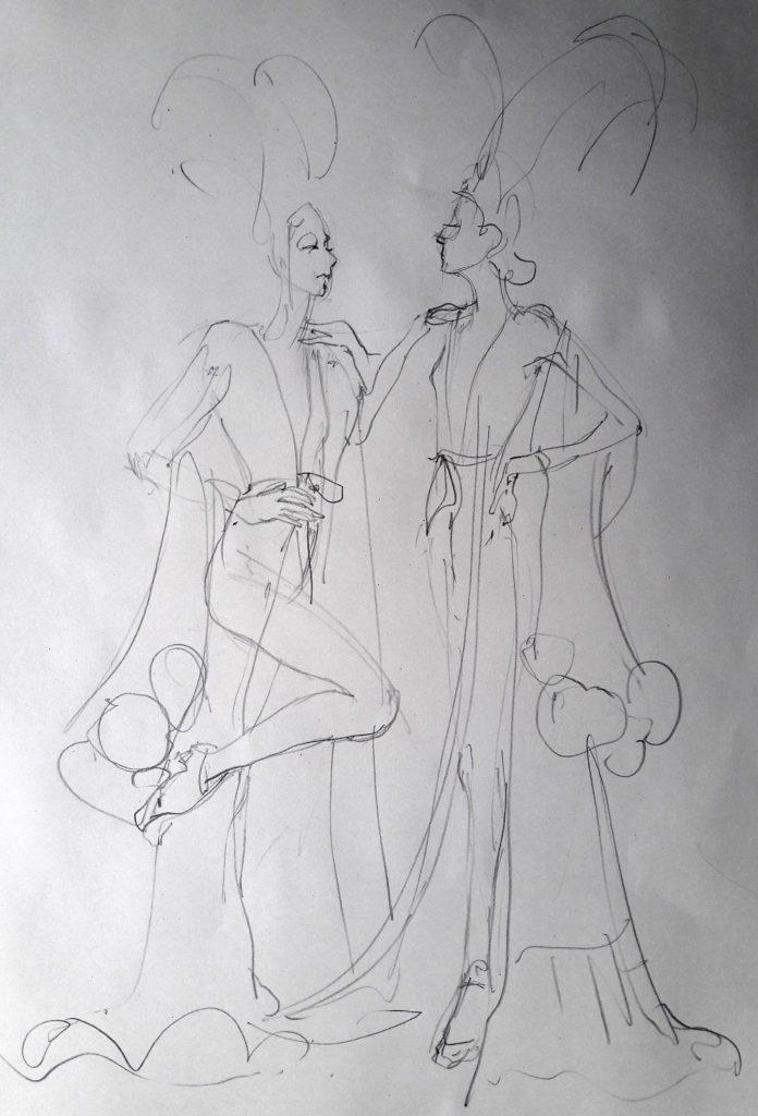 Online session at Drawing Cabaret Couture. 5-minute pose (Models: J'Adore La Vie – Ami Benton and Janet Mayer)