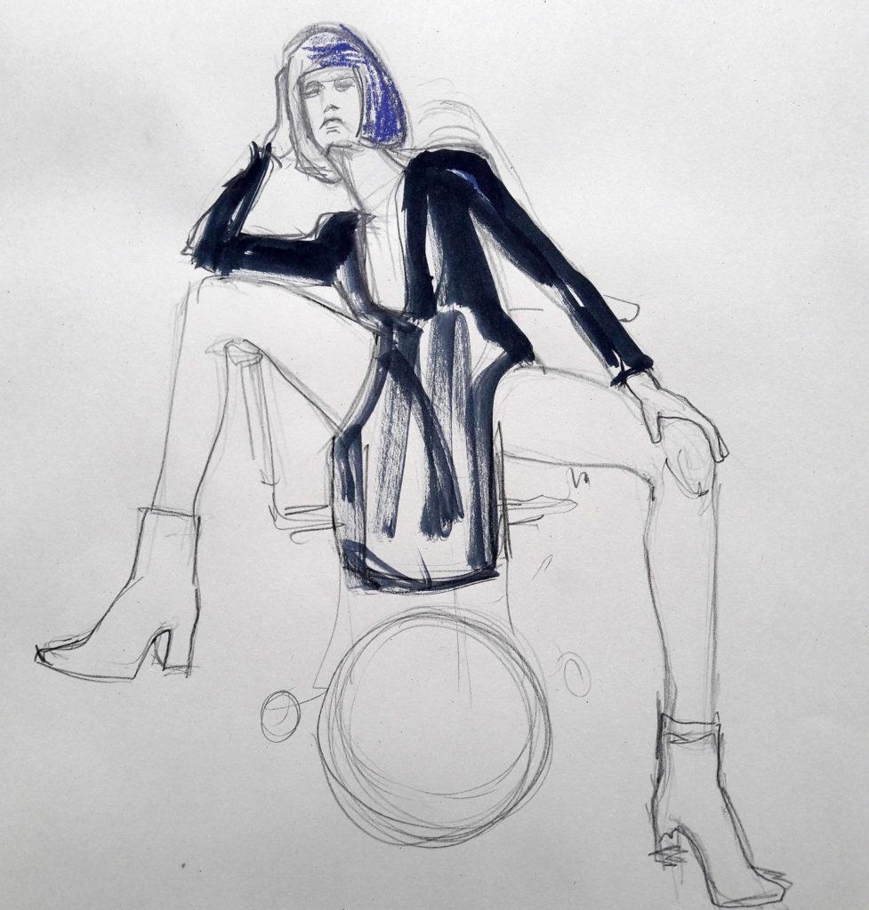 Studio 54 online session. 10-minute pose in graphite, charcoal, ink and pastel. (Model: Ami Benton)