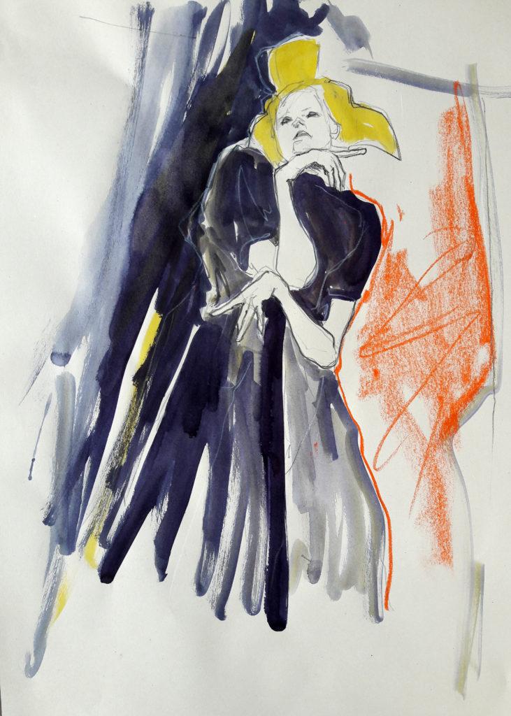  The Girl Who Collected Memories. Online life drawing with Drawing Cabaret Couture. 10 minute pose in ink, pastel and charcoal (Model: Janet Mayer, sets and direction: Mathew Lawrence, designers: A1 London, Indira at Toni & Guy)