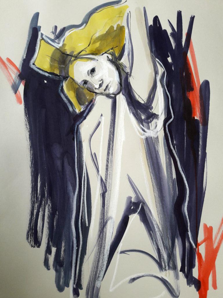  The Girl Who Collected Memories. Online life drawing with Drawing Cabaret Couture. 10 minute pose in ink, pastel and charcoal (Model: Janet Mayer, sets and direction: Mathew Lawrence, designers: A1 London, Indira at Toni & Guy)