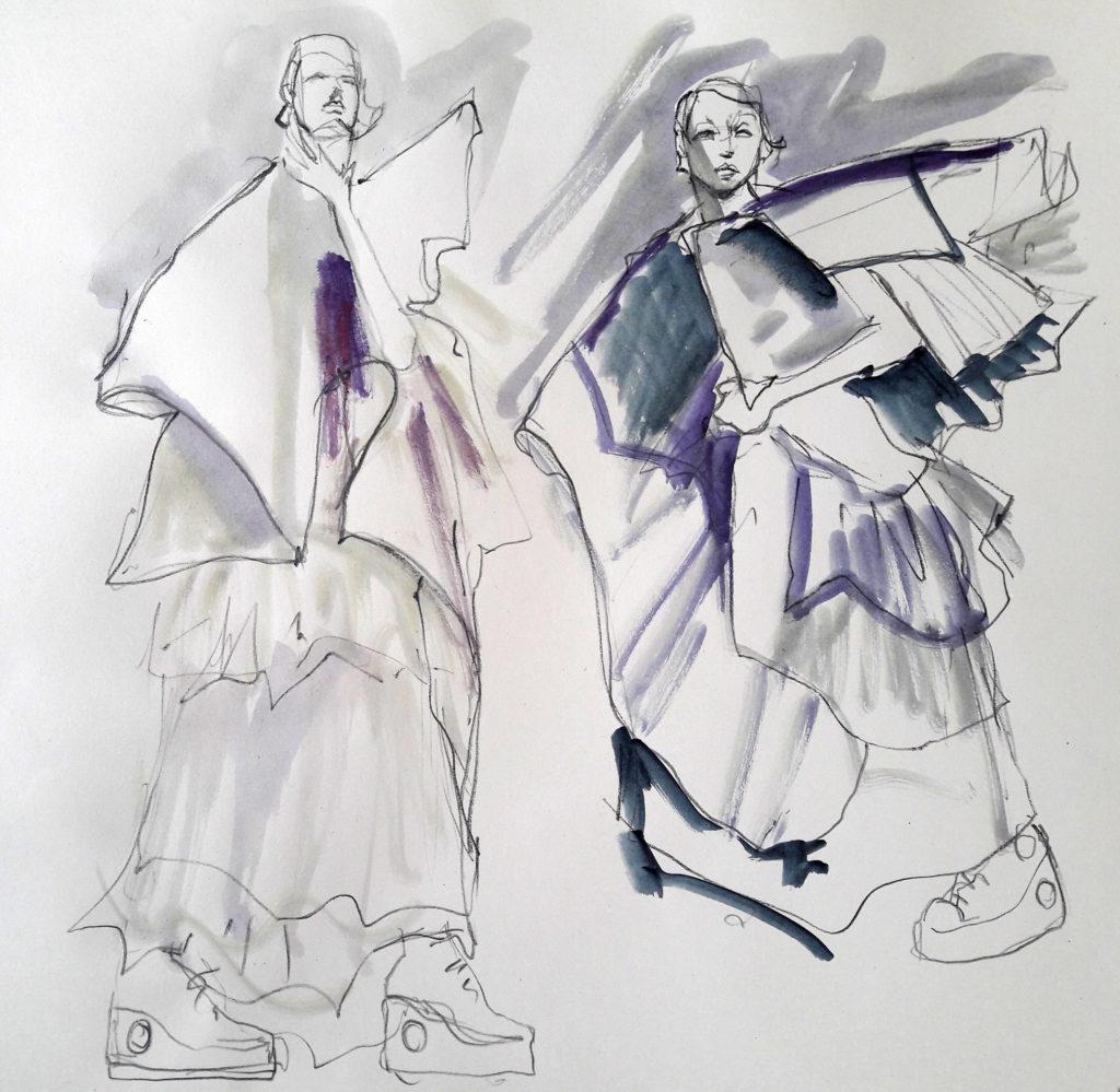 Online life drawing with Drawing Cabaret Couture. 2 minute poses in ink and charcoal (Model: Janet Mayer, sets and direction: Mathew Lawrence, designers: @guannabie and @isabellamarsshoes)