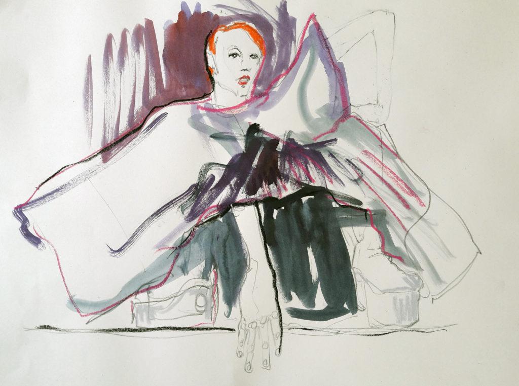 Online life drawing with Drawing Cabaret Couture. 10 minute poses in ink and charcoal (Model: Janet Mayer, sets and direction: Mathew Lawrence, designers: @guannabie and @isabellamarsshoes)