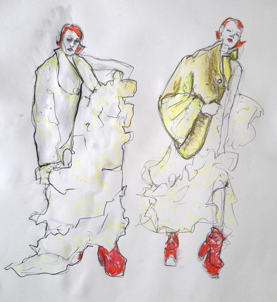 Online life drawing with Drawing Cabaret Couture. 2 minute poses in ink and charcoal (Model: Janet Mayer, sets and direction: Mathew Lawrence, designers: @guannabie and @isabellamarsshoes)