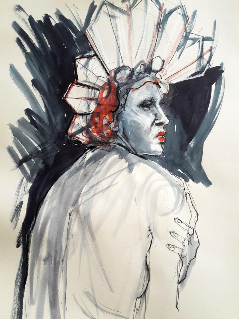 CRUCIFIX. Online life drawing with Drawing Cabaret Couture. 15 minute pose in ink and charcoal (Model: Janet Mayer, sets and direction: Mathew Lawrence, fashion: Hellavagirl Studios, millinery: Sweet'n'Twisted)