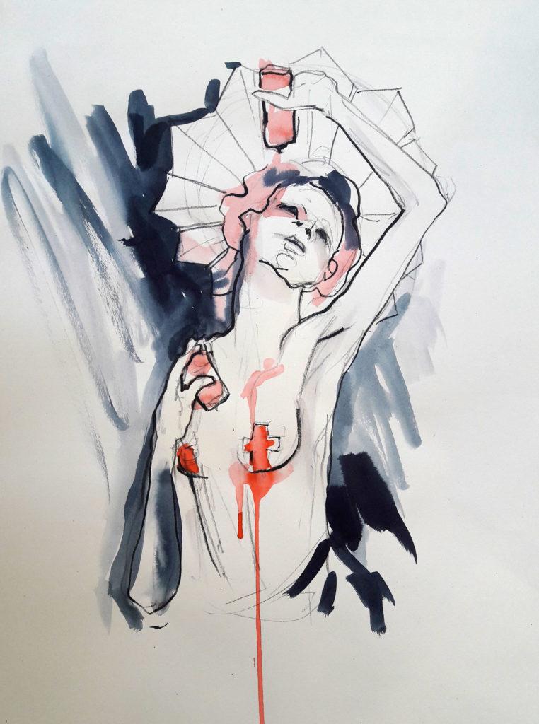 CRUCIFIX. Online life drawing with Drawing Cabaret Couture. 5 minute pose in ink and charcoal (Model: Janet Mayer, sets and direction: Mathew Lawrence, fashion: Hellavagirl Studios, millinery: Sweet'n'Twisted)