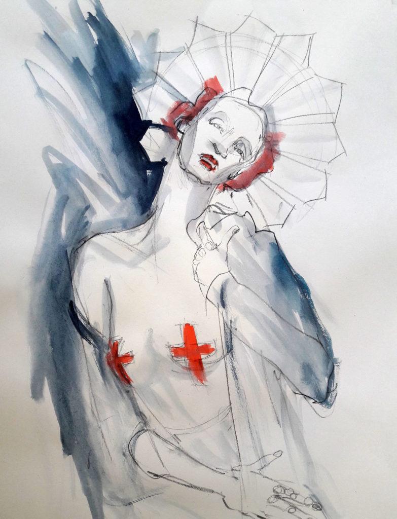 CRUCIFIX. Online life drawing with Drawing Cabaret Couture. 5 minute pose in ink and charcoal (Model: Janet Mayer, sets and direction: Mathew Lawrence, fashion: Hellavagirl Studios, millinery: Sweet'n'Twisted)