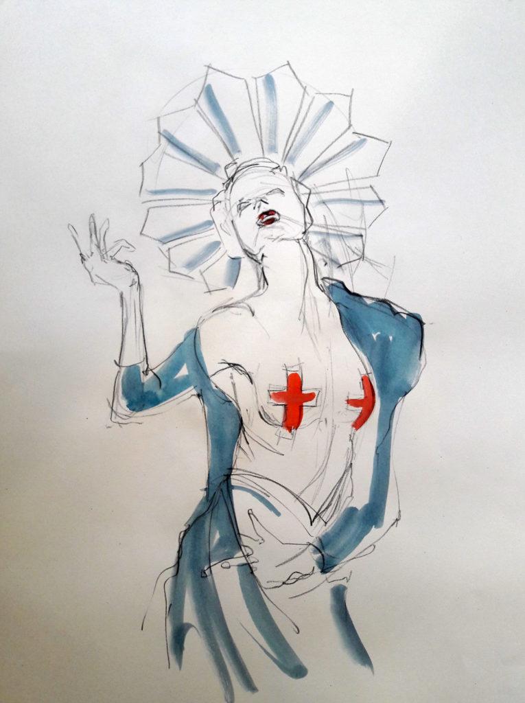 CRUCIFIX. Online life drawing with Drawing Cabaret Couture. 5 minute pose in ink and charcoal (Model: Janet Mayer, sets and direction: Mathew Lawrence, fashion: Hellavagirl Studios, millinery: Sweet'n'Twisted)