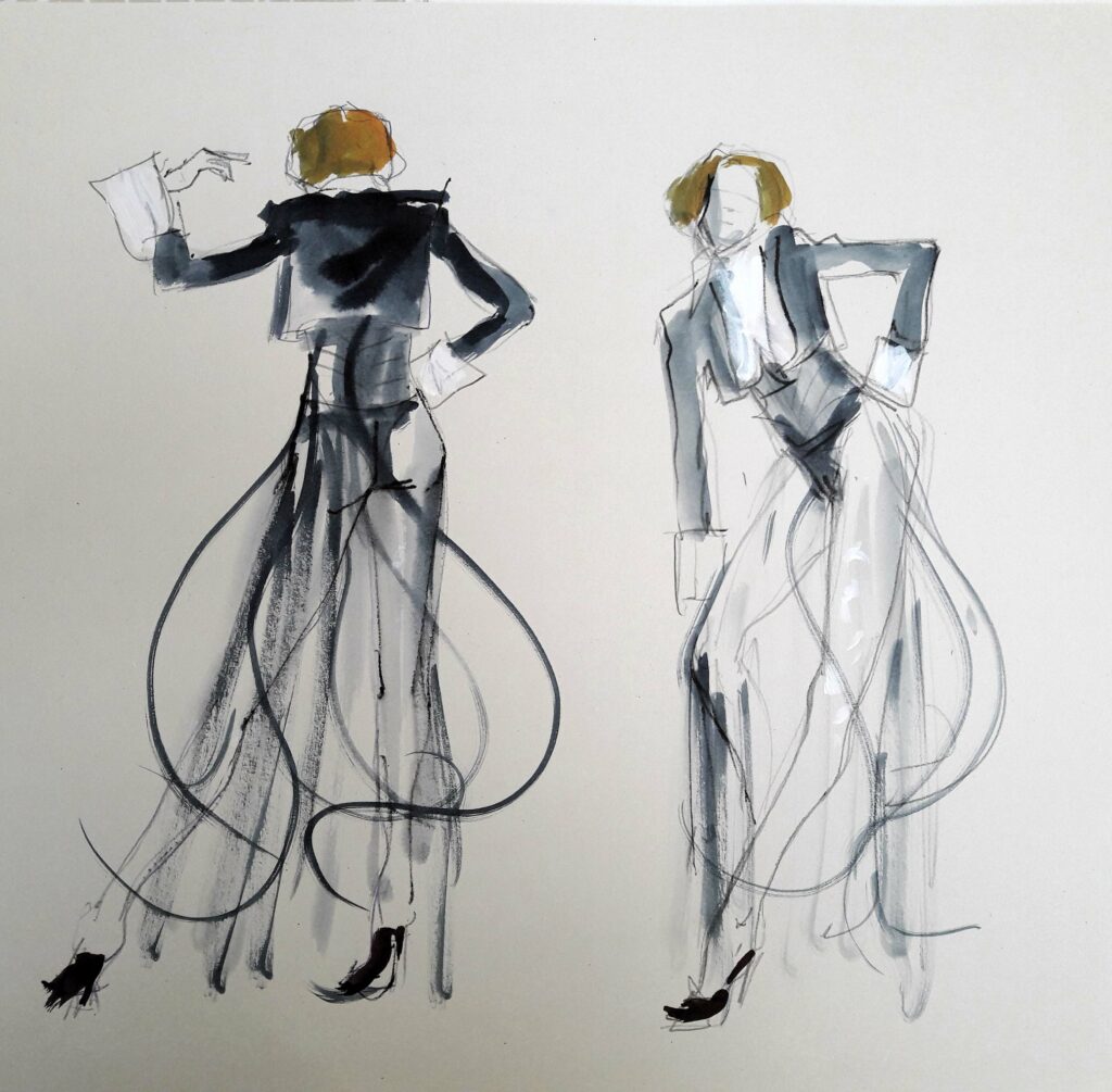 Online life drawing with Drawing Cabaret Couture. 3 minute poses in ink and graphite (Model: Janet Mayer, sets and direction: Mathew Lawrence, fashion by Antonia Nae Designs and shoes by Natacha Marro London)