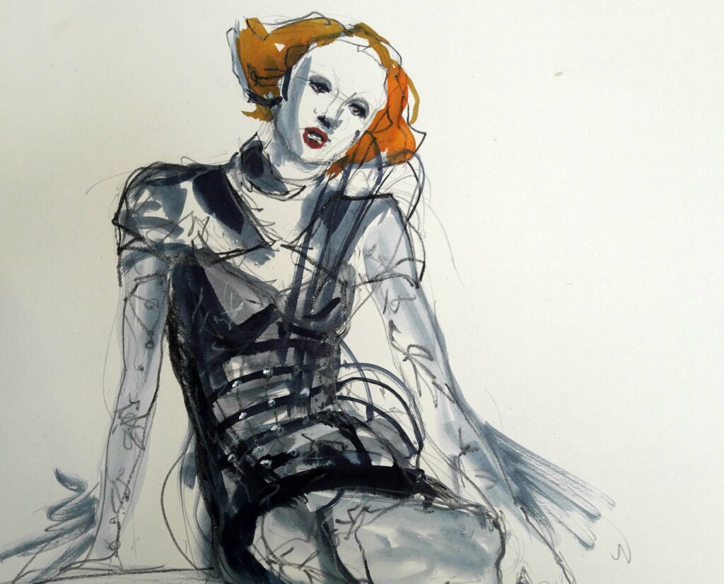 Online life drawing with Drawing Cabaret Couture. 10 minute pose in ink and graphite (Model: Janet Mayer, sets and direction: Mathew Lawrence, fashion by Antonia Nae Designs and shoes by Natacha Marro London)