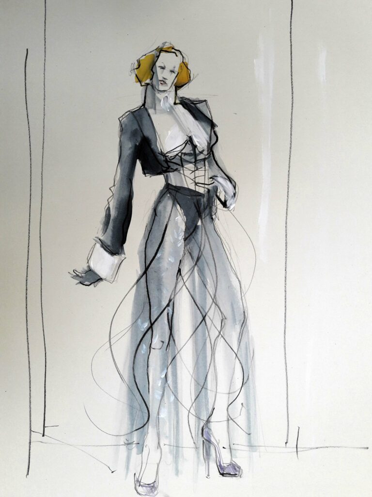 Online life drawing with Drawing Cabaret Couture. 5 minute pose in ink and graphite (Model: Janet Mayer, sets and direction: Mathew Lawrence, fashion by Antonia Nae Designs and shoes by Natacha Marro London)