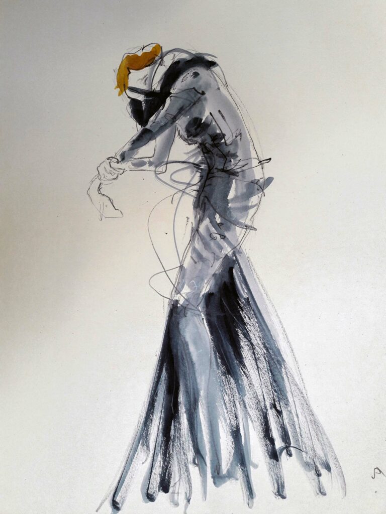 Online life drawing with Drawing Cabaret Couture. 5 minute pose in ink and graphite (Model: Janet Mayer, sets and direction: Mathew Lawrence, fashion by Antonia Nae Designs and shoes by Natacha Marro London)