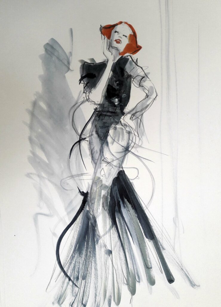 Online life drawing with Drawing Cabaret Couture. 5 minute pose in ink and graphite (Model: Janet Mayer, sets and direction: Mathew Lawrence, fashion by Antonia Nae Designs and shoes by Natacha Marro London)