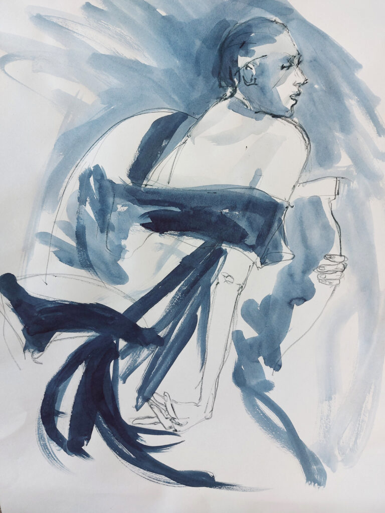 Drawing Cabaret Couture online session. Sensual and kinetic fashion by Lisa Jiang and Laura Civetti (Model Janet Myer, sets and direction by Mark Lawrence). 10 minute pose in charcoal and ink.