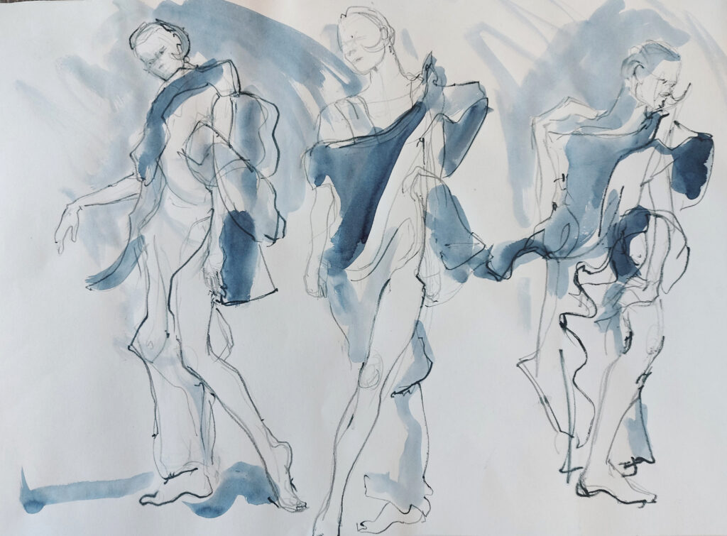 Drawing Cabaret Couture online session. Sensual and kinetic fashion by Lisa Jiang and Laura Civetti (Model Janet Myer, sets and direction by Mark Lawrence). 2 minute poses in charcoal and ink.