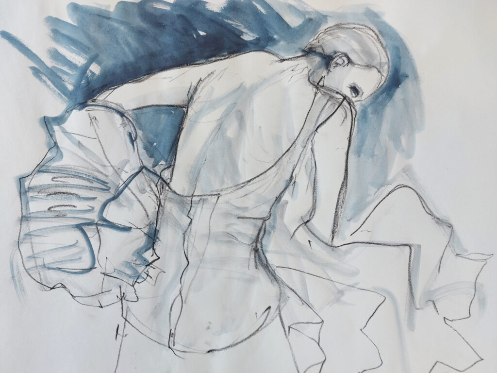 Drawing Cabaret Couture online session. Sensual and kinetic fashion by Lisa Jiang and Laura Civetti (Model Janet Myer, sets and direction by Mark Lawrence). 10 minute pose in charcoal and ink.