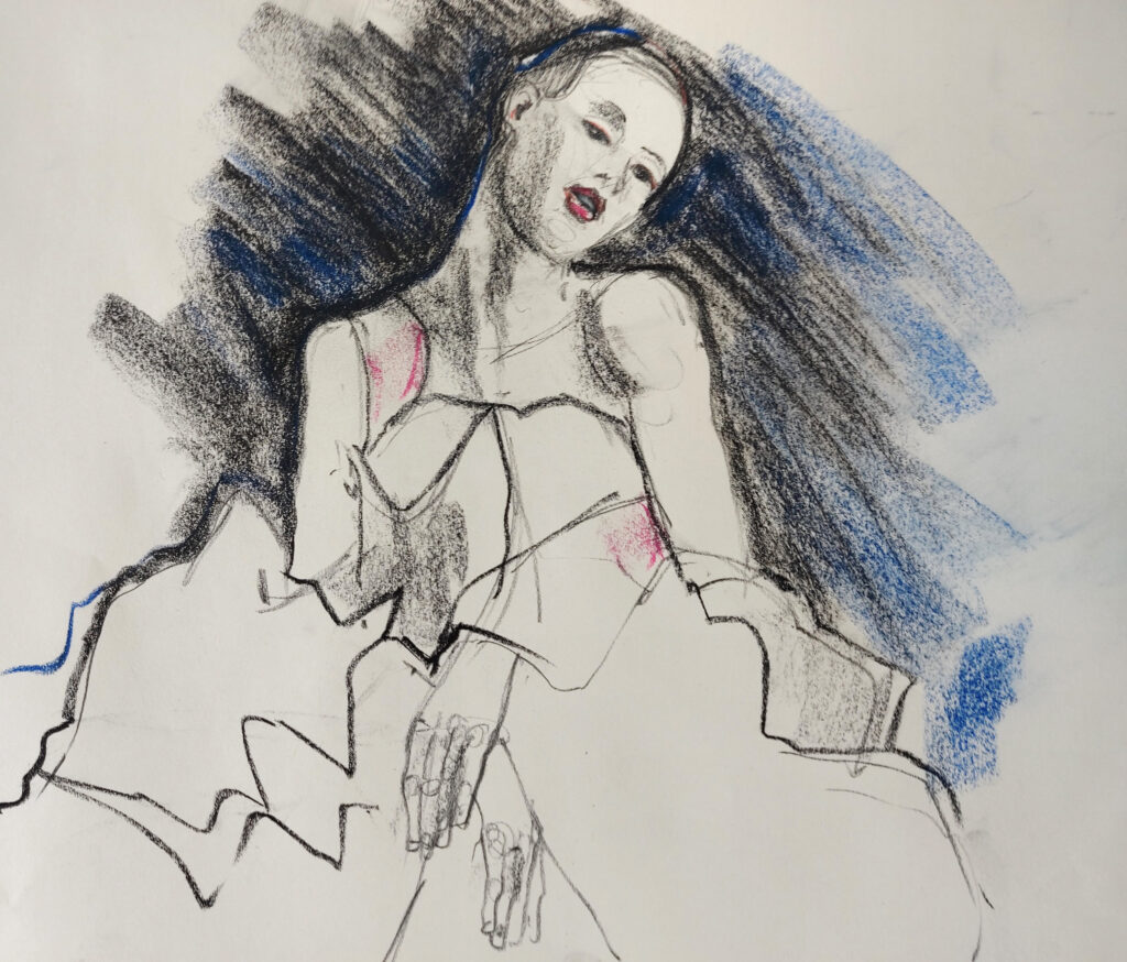 Sensual and kinetic fashion by Lisa Jiang and Laura Civetti (Model Janet Myer, sets and direction by Mark Lawrence). 10 minute pose in pastel, charcoal and ink.