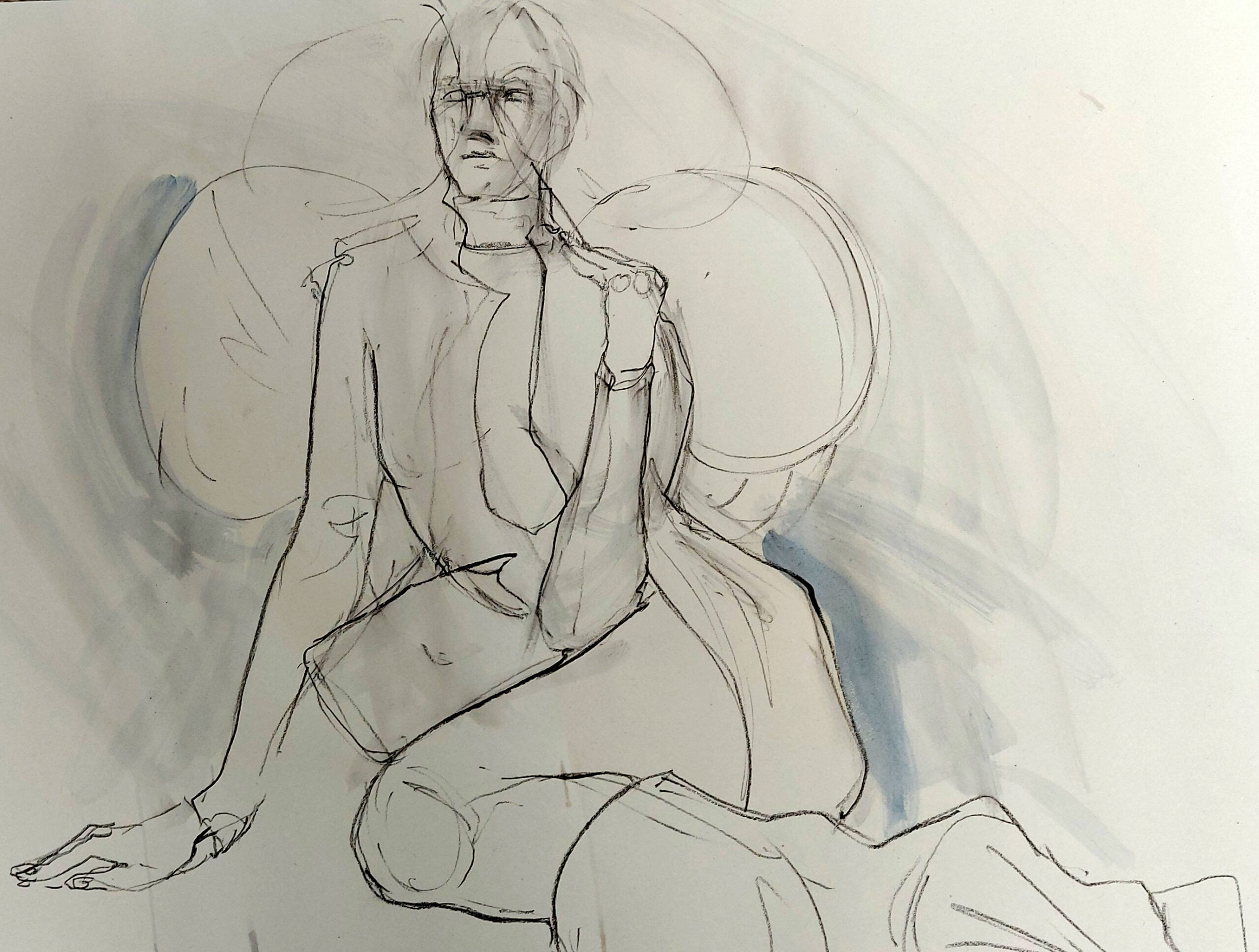 Drawing Cabaret Couture online session with fashion by @johanneswarnke. (Model Janet Myer, sets and direction by Matthew Lawrence). Five-minute poses in graphite and ink.