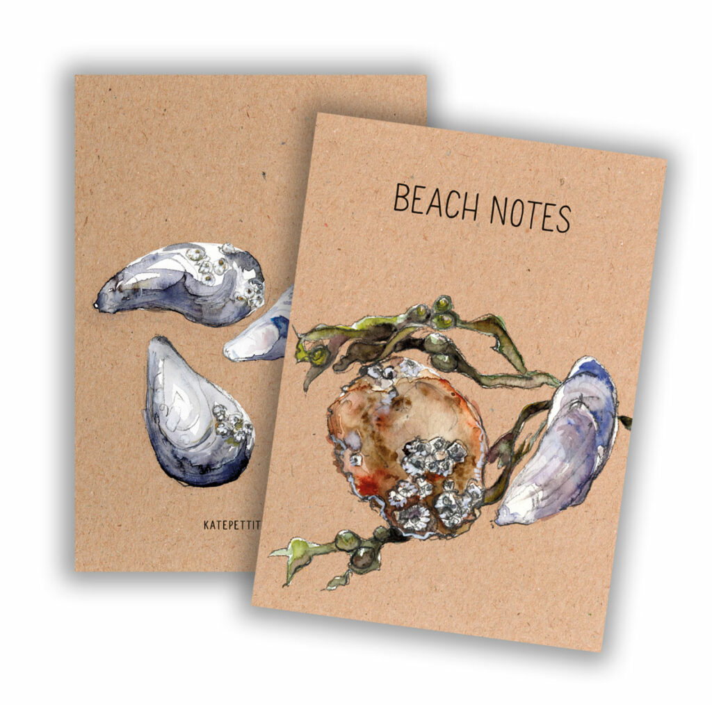 'Beach Notes' A6 notebook has 40 blank pages. Uncoated recycled stock throughout. Covers are printed both sides