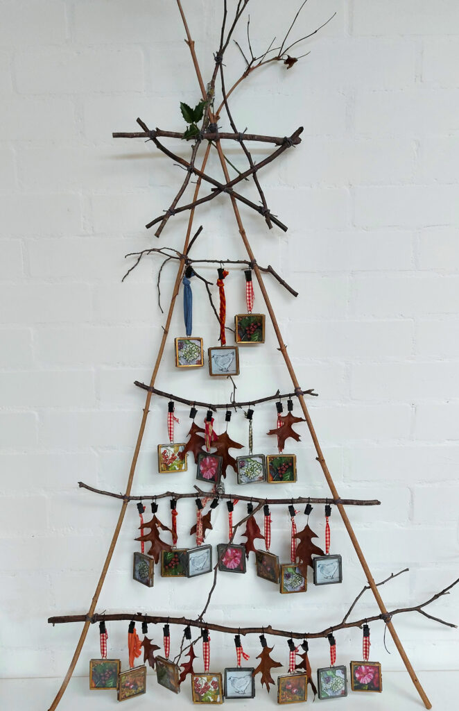Decorations displayed on a twig tree in the studio