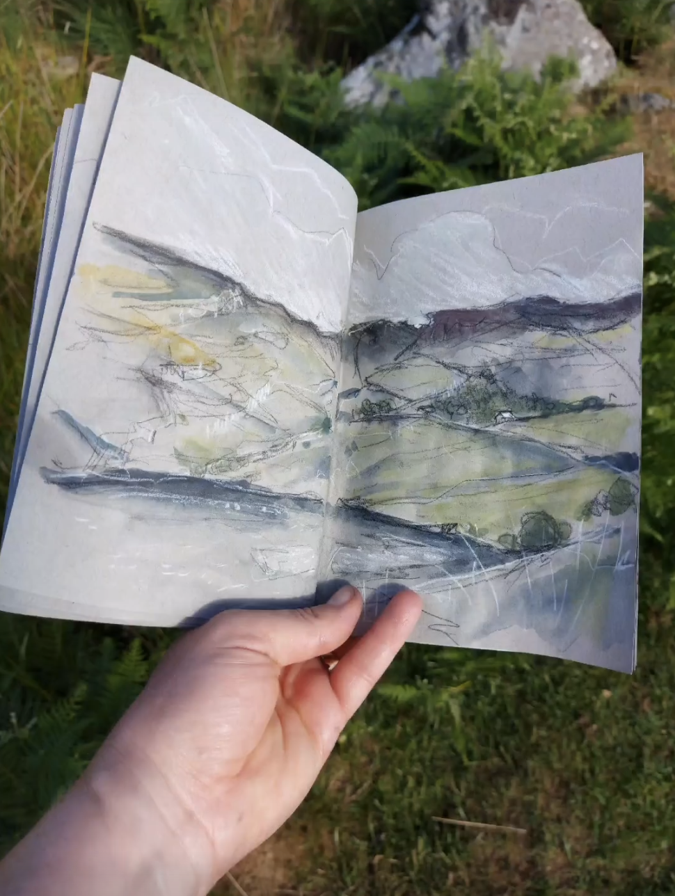 Looking down to the lake. Watercolour, charcoal and chalk.